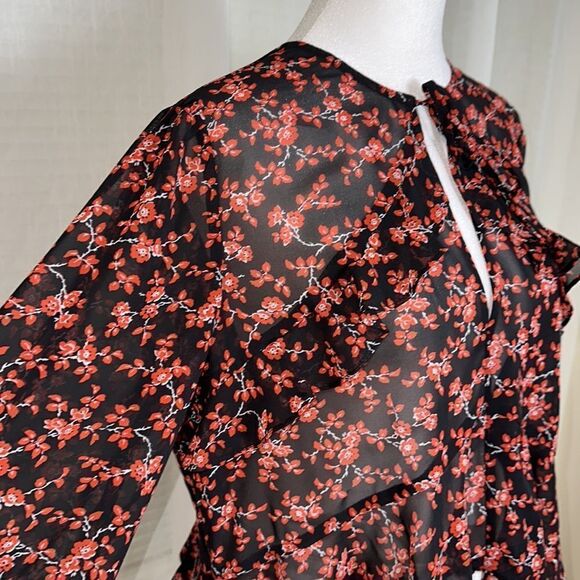 bar III L Black Red White Floral Long Sleeve Tie Front Peplum Ruffle Blouse - Picture 5 of 12